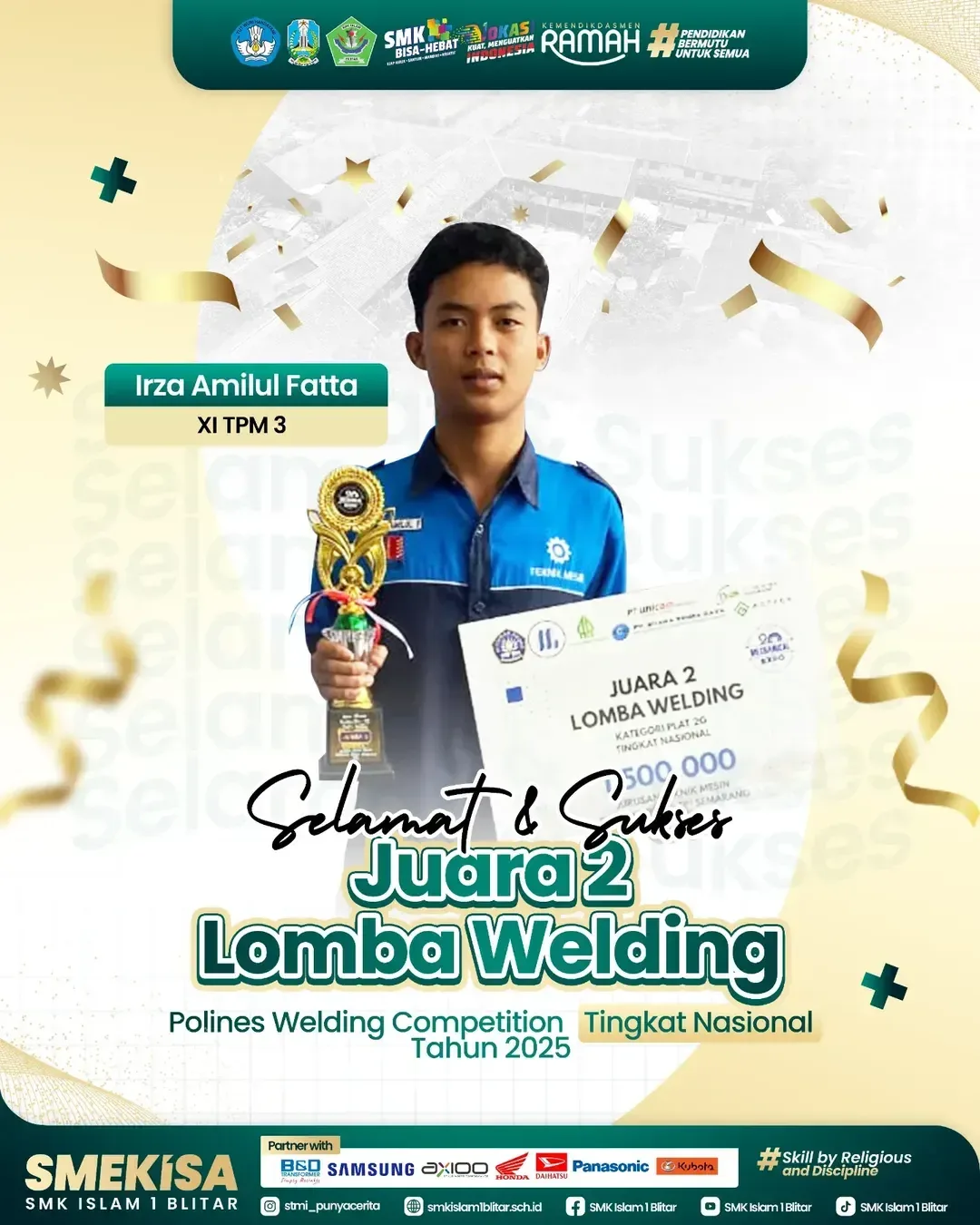 Siswa SMK Islam 1 Blitar Raih Juara 2 Nasional pada Polines Welding Competition 2025